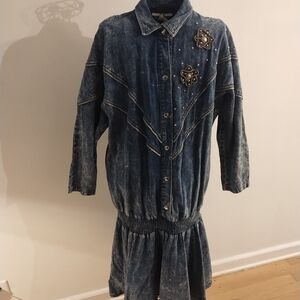 Vintage 80's Women's Acid Wash Lined Denim Dress with Beaded  Accents